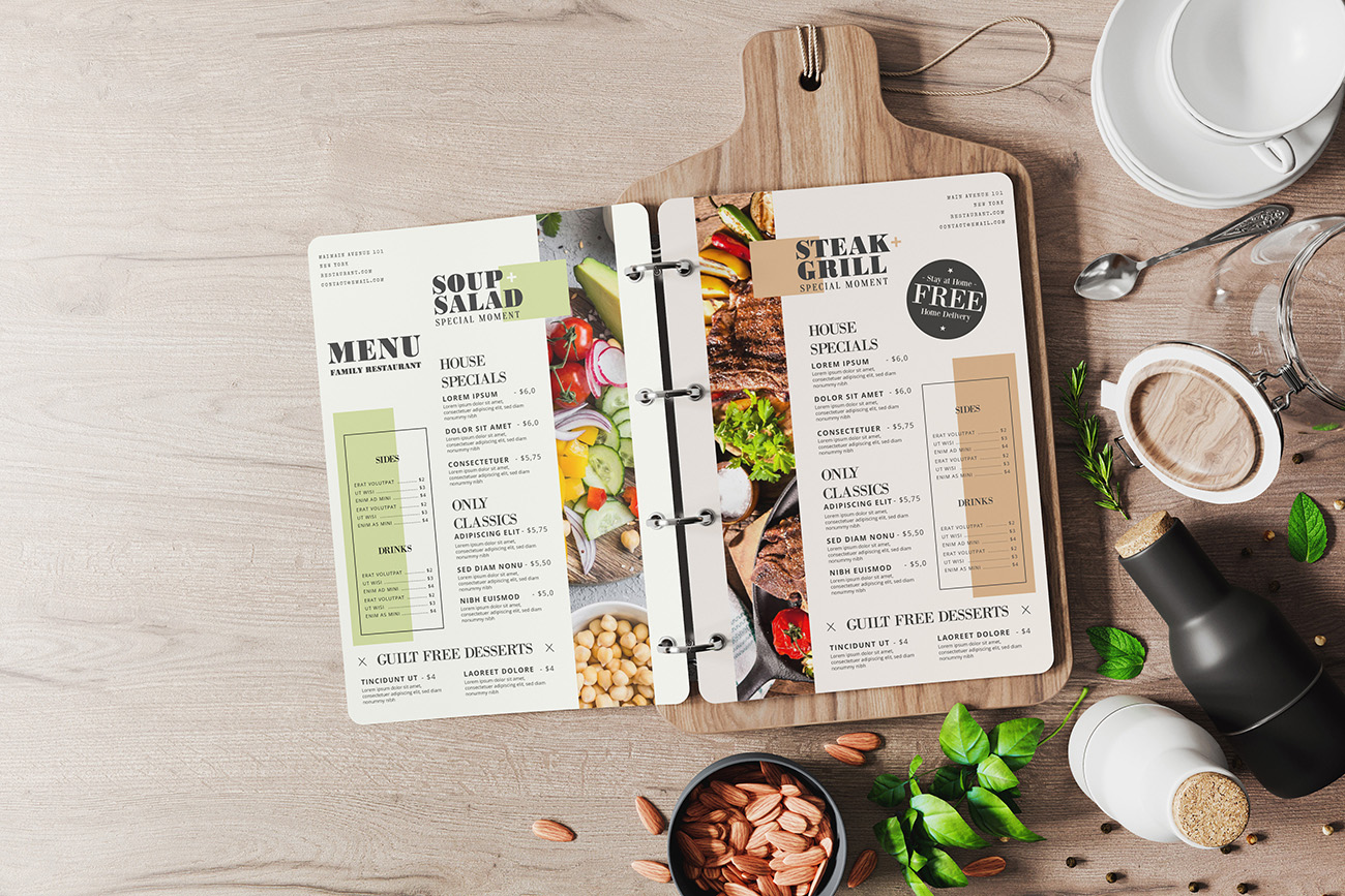 Mockup phối cảnh menu ngành thực phẩm đồ ăn file PSD