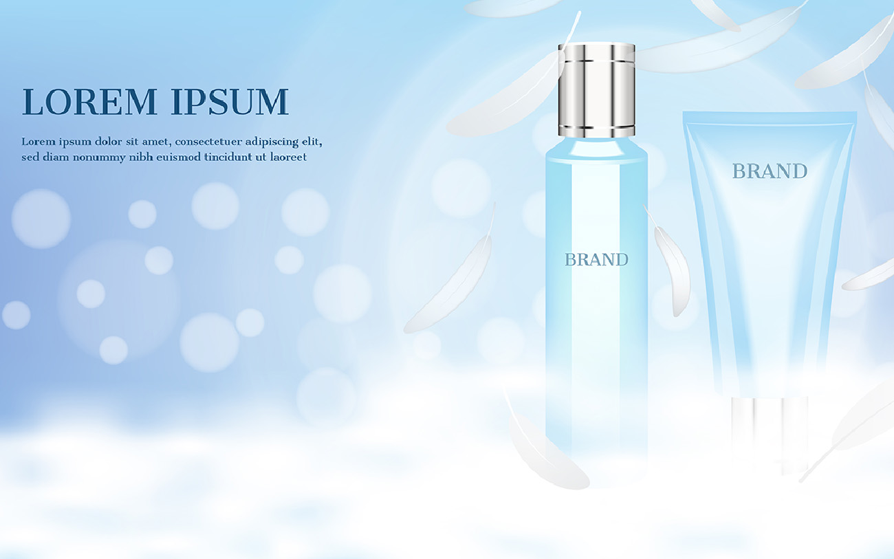 Banner quảng cáo Serum mỹ phẩm chăm sóc da, lông vũ bay quanh