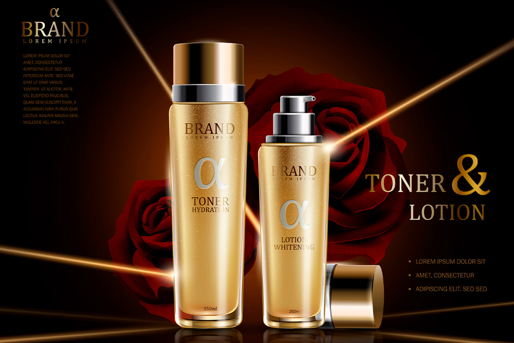 Banner quảng cáo bộ đôi mỹ phẩm cao cấp nước hoa hồng tone và lotion