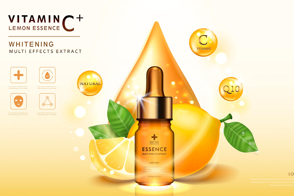 Mẫu quảng cáo serum tinh chất cam, nền mau cam, vitamin thành phần