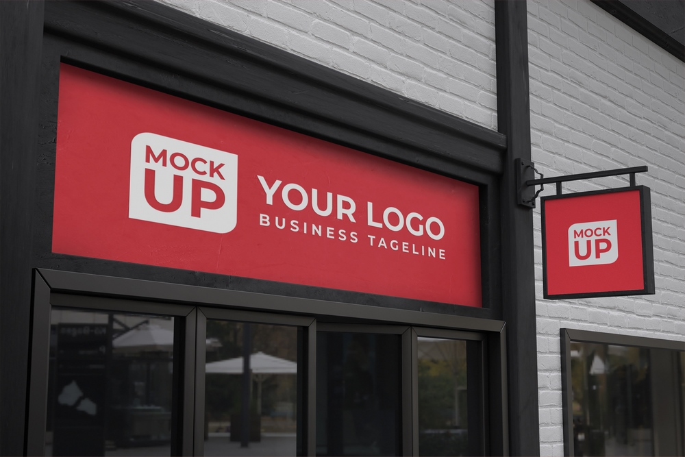 Mockup biển hiệu công ty, biển quảng cáo logo treo tường PSD