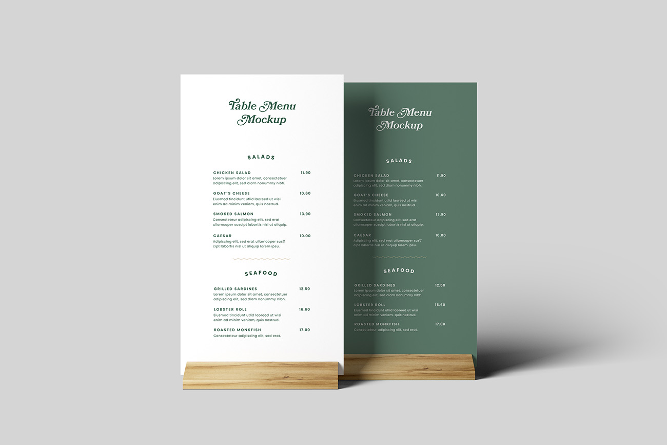 Mockup phối cảnh menu để bàn màu xanh file PSD