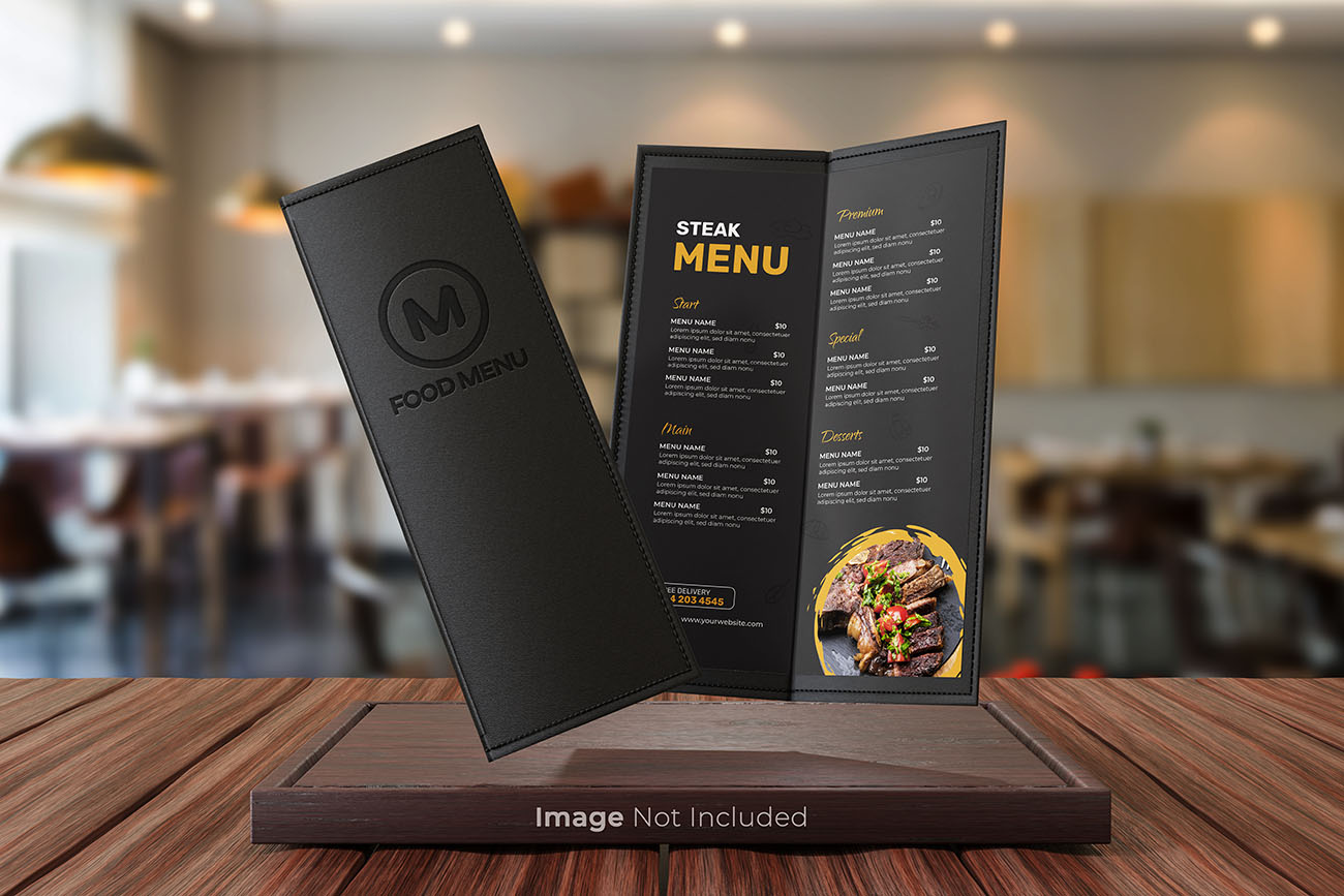 Mockup phối cảnh menu ngành thực phẩm đồ ăn file PSD