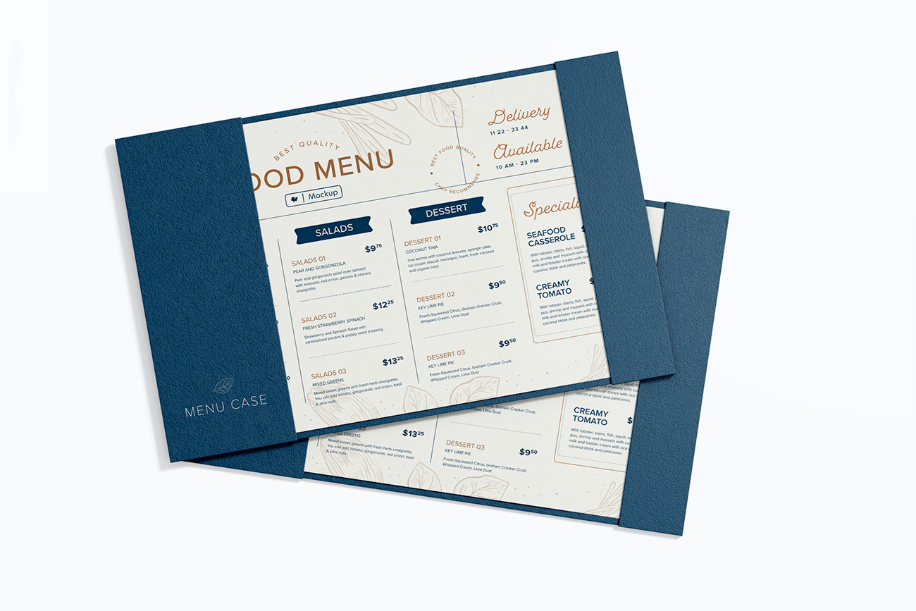 Mockup phối cảnh menu ngành thực phẩm đồ ăn file PSD