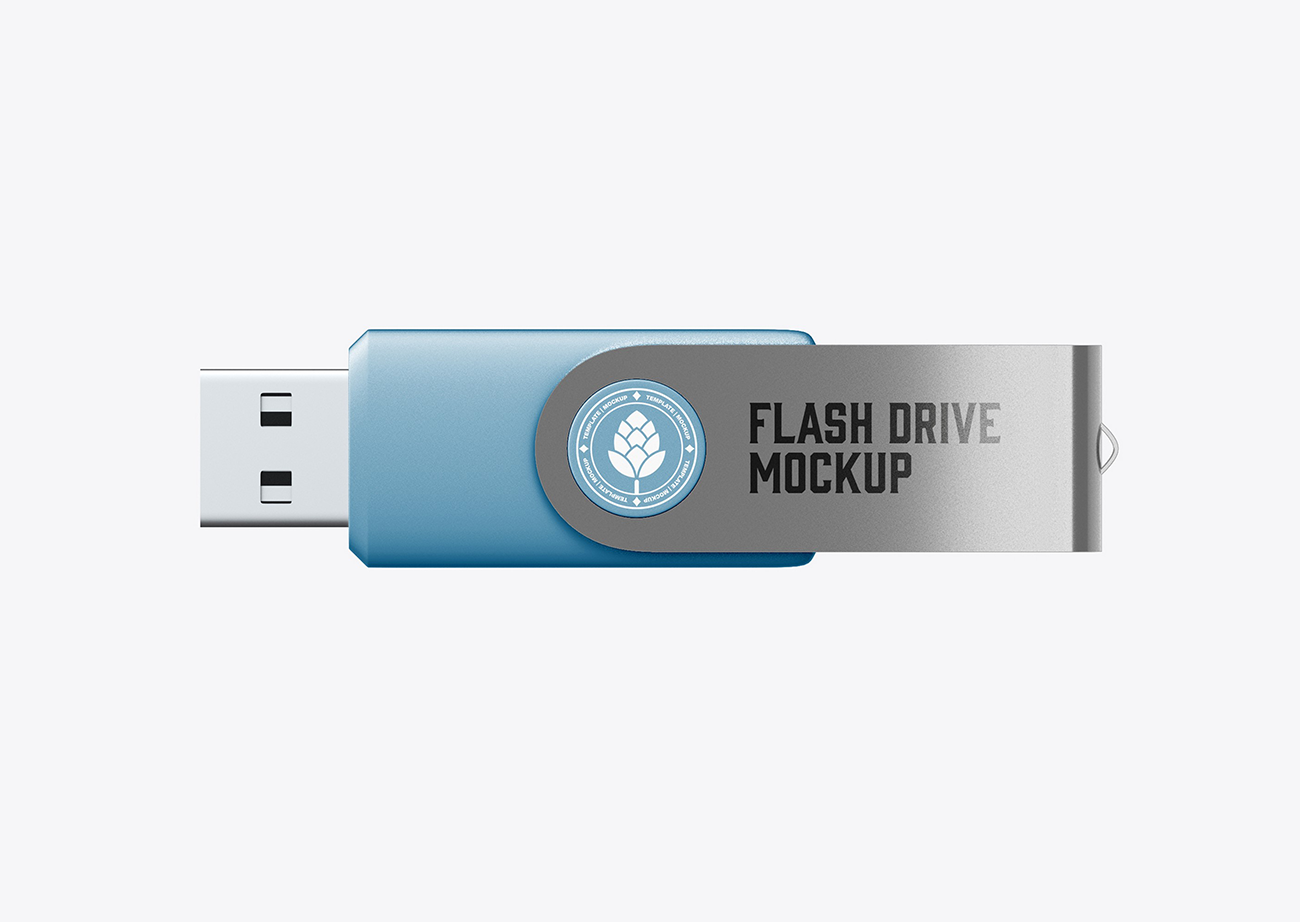 Mockup thẻ nhớ lưu dữ liệu USB màu xanh nền trắng PSD