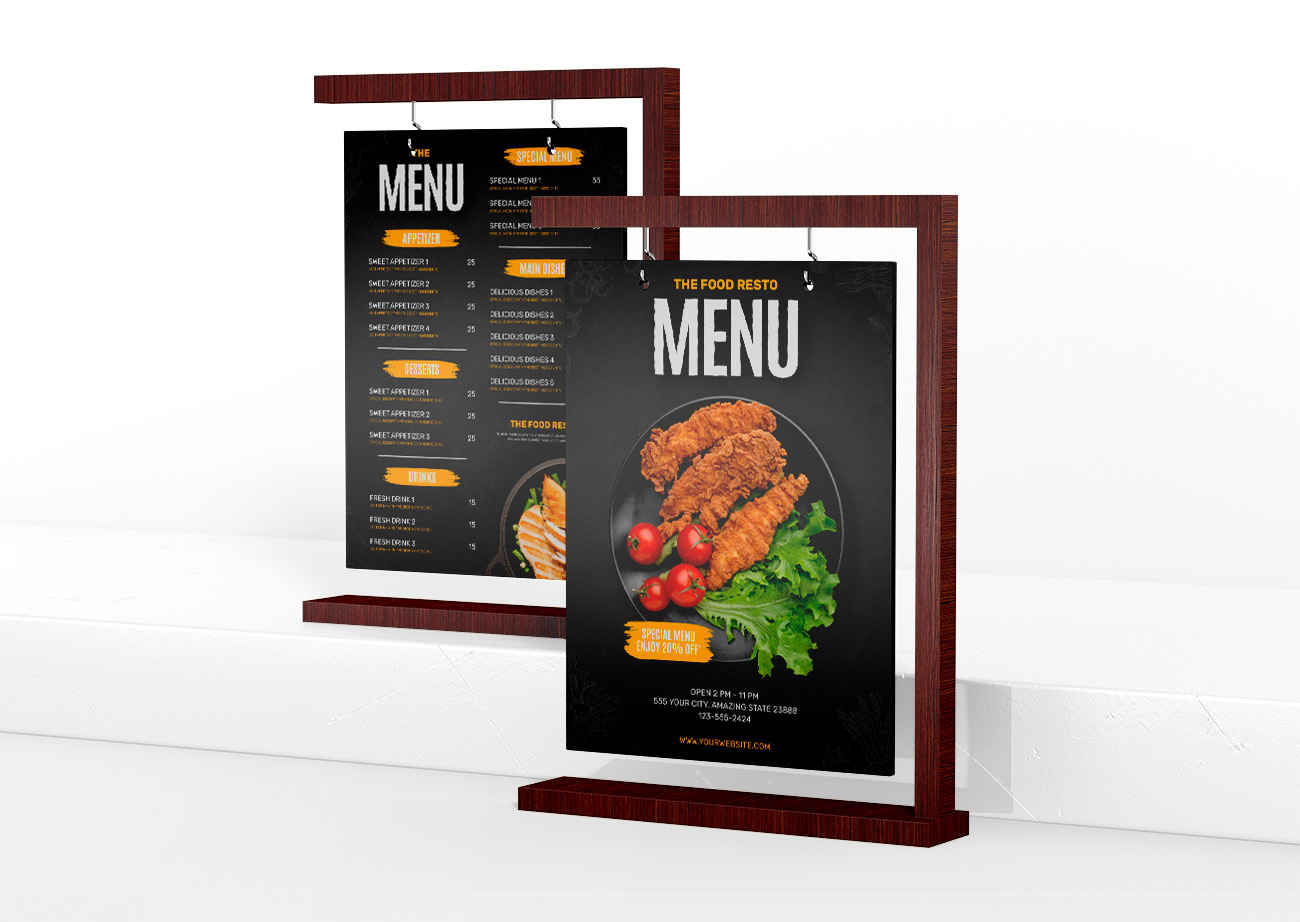 Mockup phối cảnh menu ngành thực phẩm đồ ăn file PSD