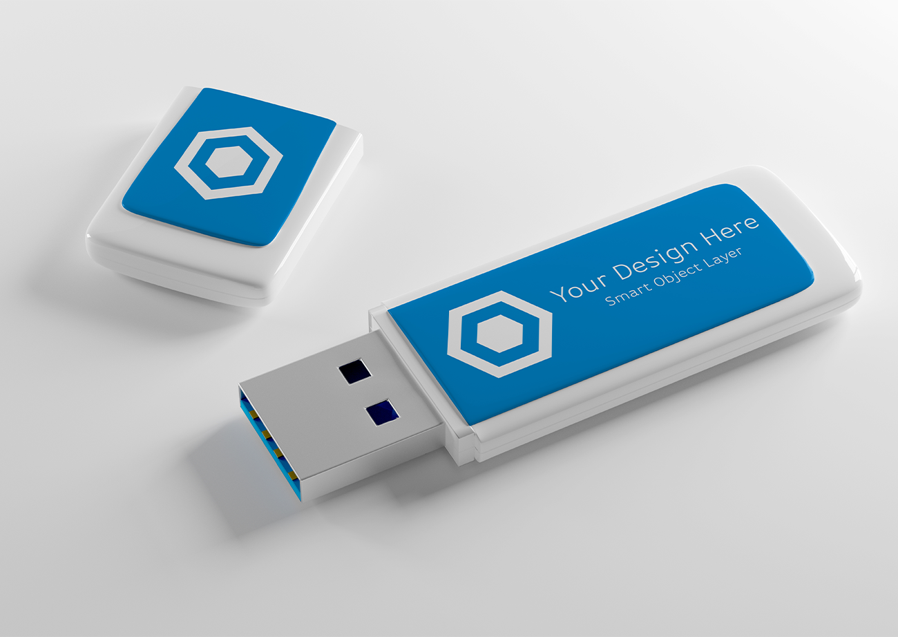 Mockup thẻ nhớ lưu dữ liệu USB màu trắng xanh PSD