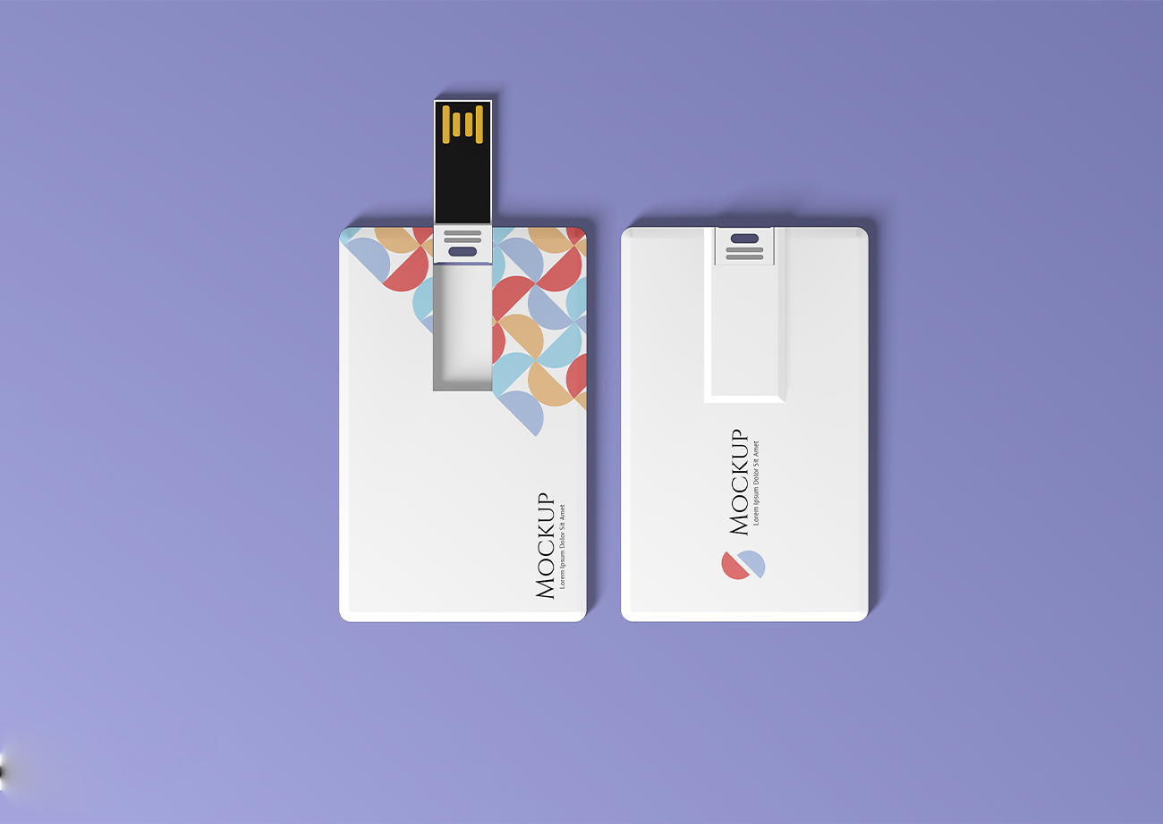 Mockup thẻ nhớ lưu dữ liệu USB màu đen nền tím PSD