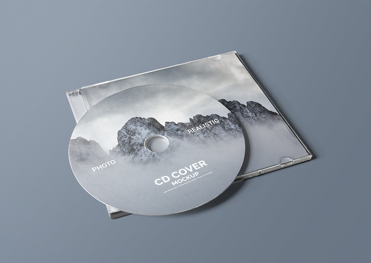 Mockup thiết kế bìa đĩa CD phim nền xám PSD