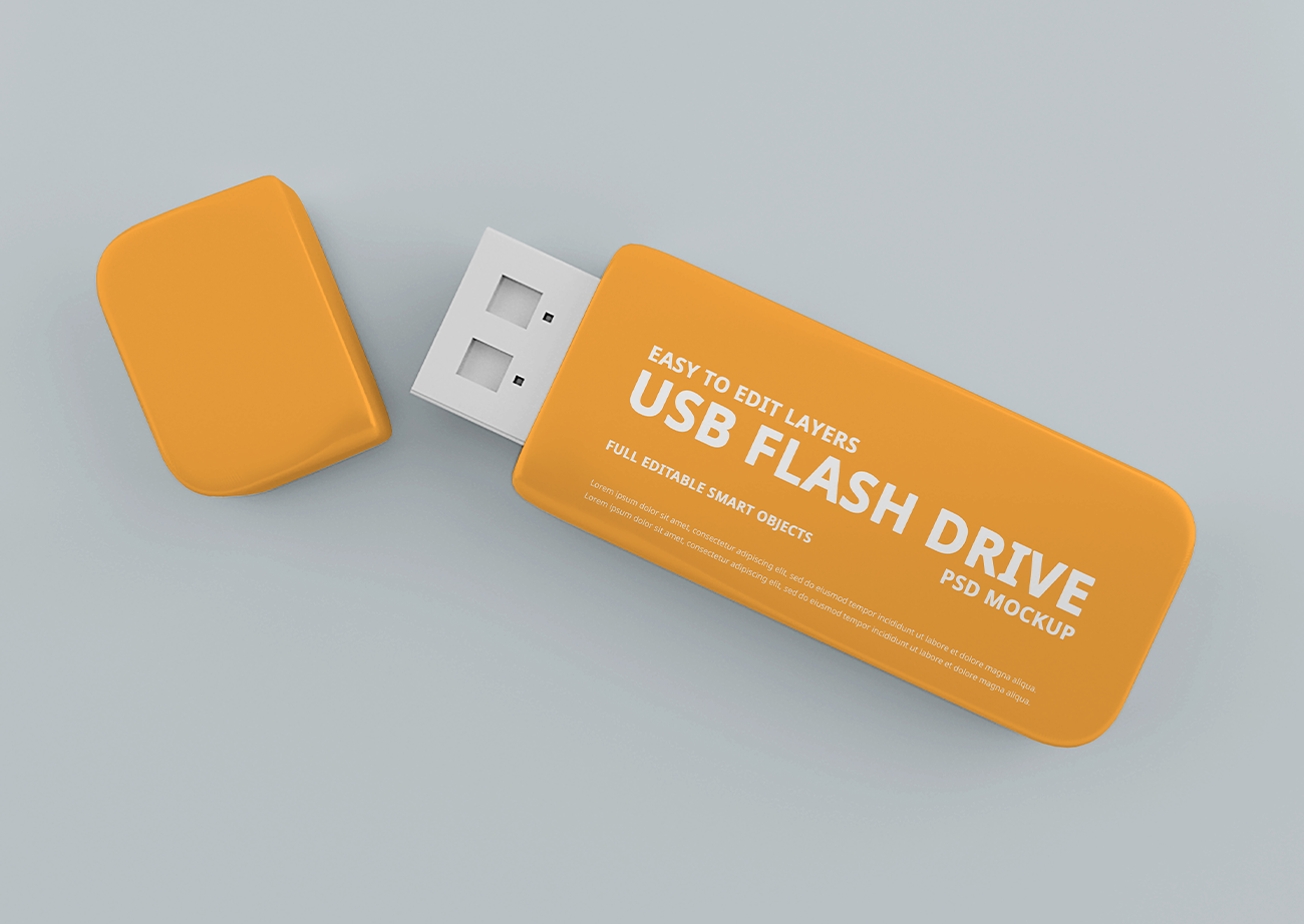 Mockup thẻ nhớ dữ liệu USB màu cam PSD