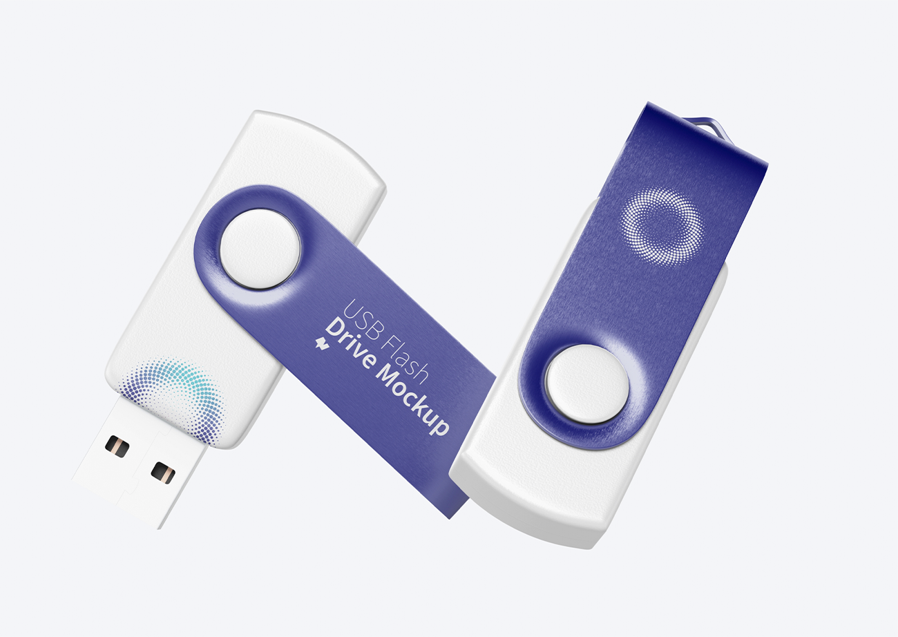 Mockup bộ đôi thẻ nhớ màu trắng tím USB PSD