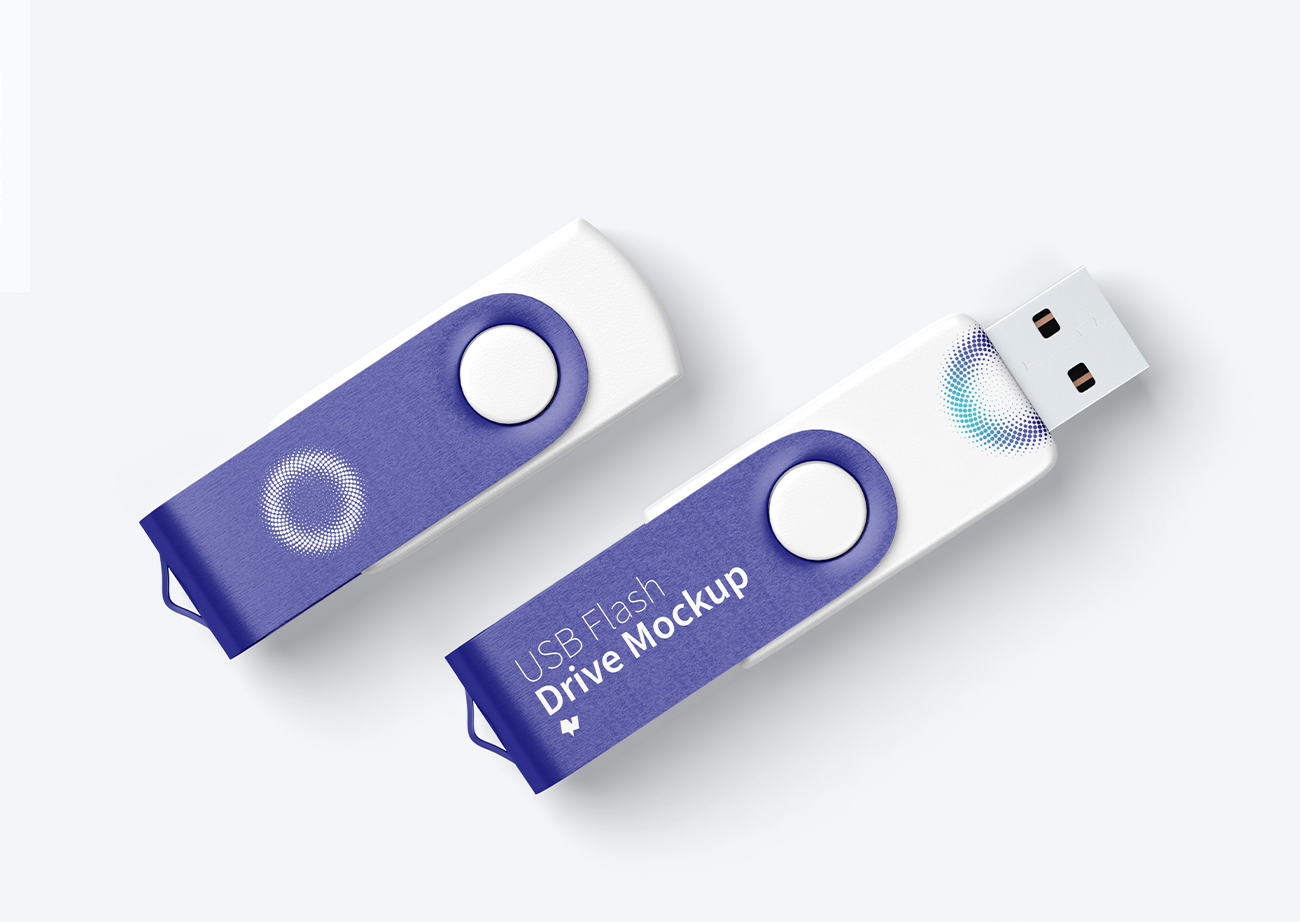 Mockup bộ đôi thẻ nhớ màu trắng tím USB PSD