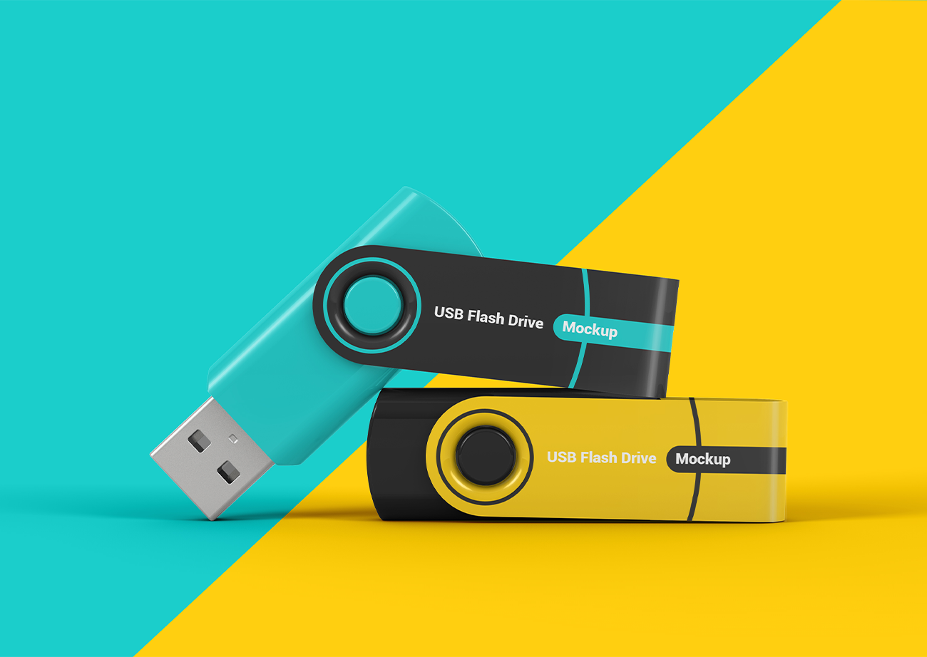 Mockup bộ đội thẻ nhớ lưu dữ liệu USB màu xanh, vàng PSD