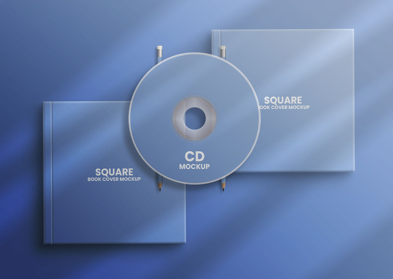 Mockup thiết kế bìa đĩa CD nền xanh PSD