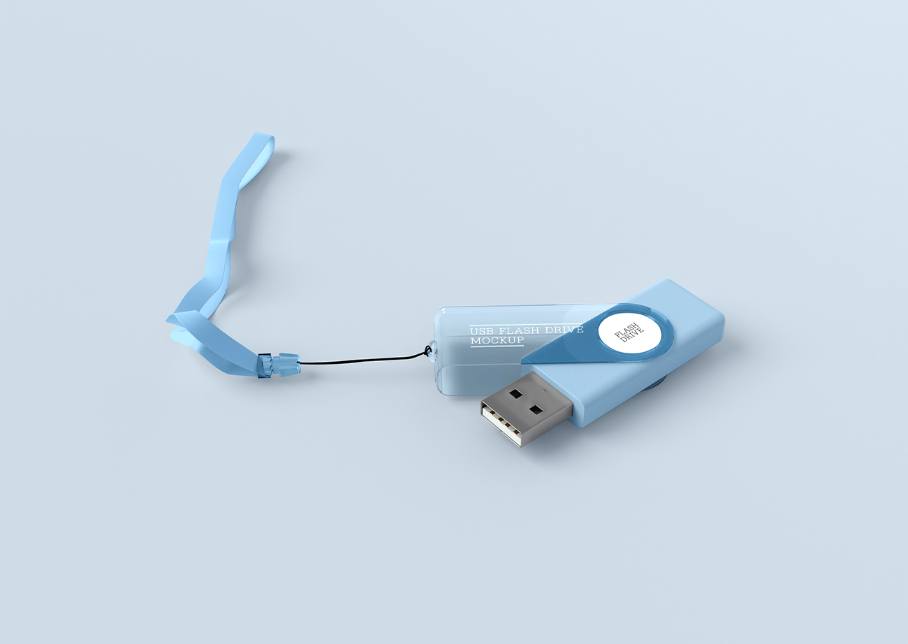 Mockup thẻ nhớ lưu dữ liệu USB màu xanh dương nền xanh PSD