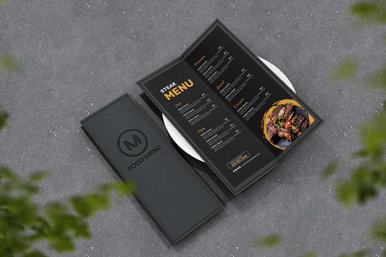 Mockup phối cảnh menu ngành thực phẩm đồ ăn file PSD