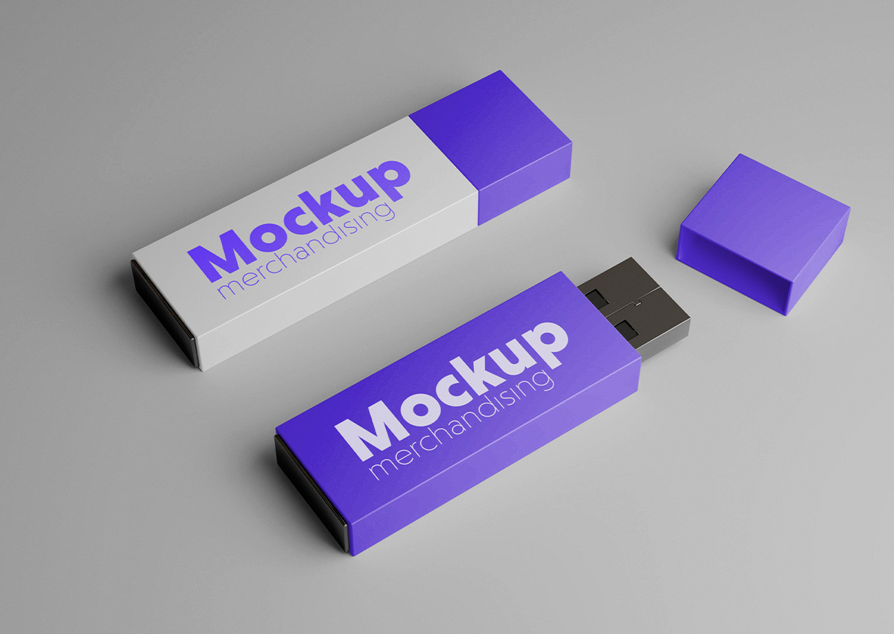 Mockup bộ đôi thẻ nhớ lưu dữ liệu USB trắng, tím PSD