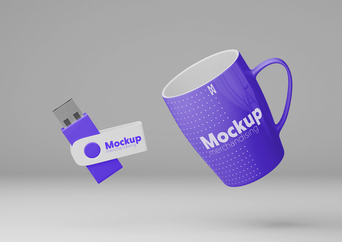 Mockup thẻ nhớ lưu dữ liệu USB , cốc PSD