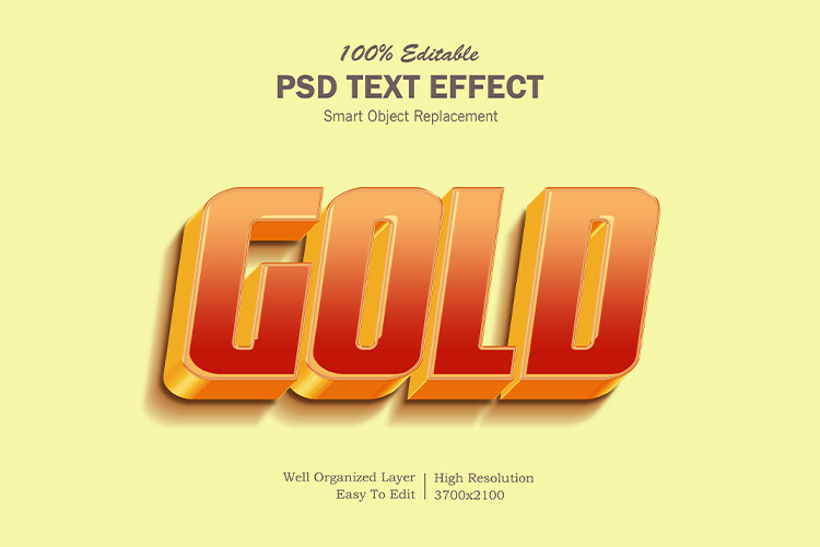 Hiệu ứng chữ 3D PSD màu đỏ gạch viền vàng gold