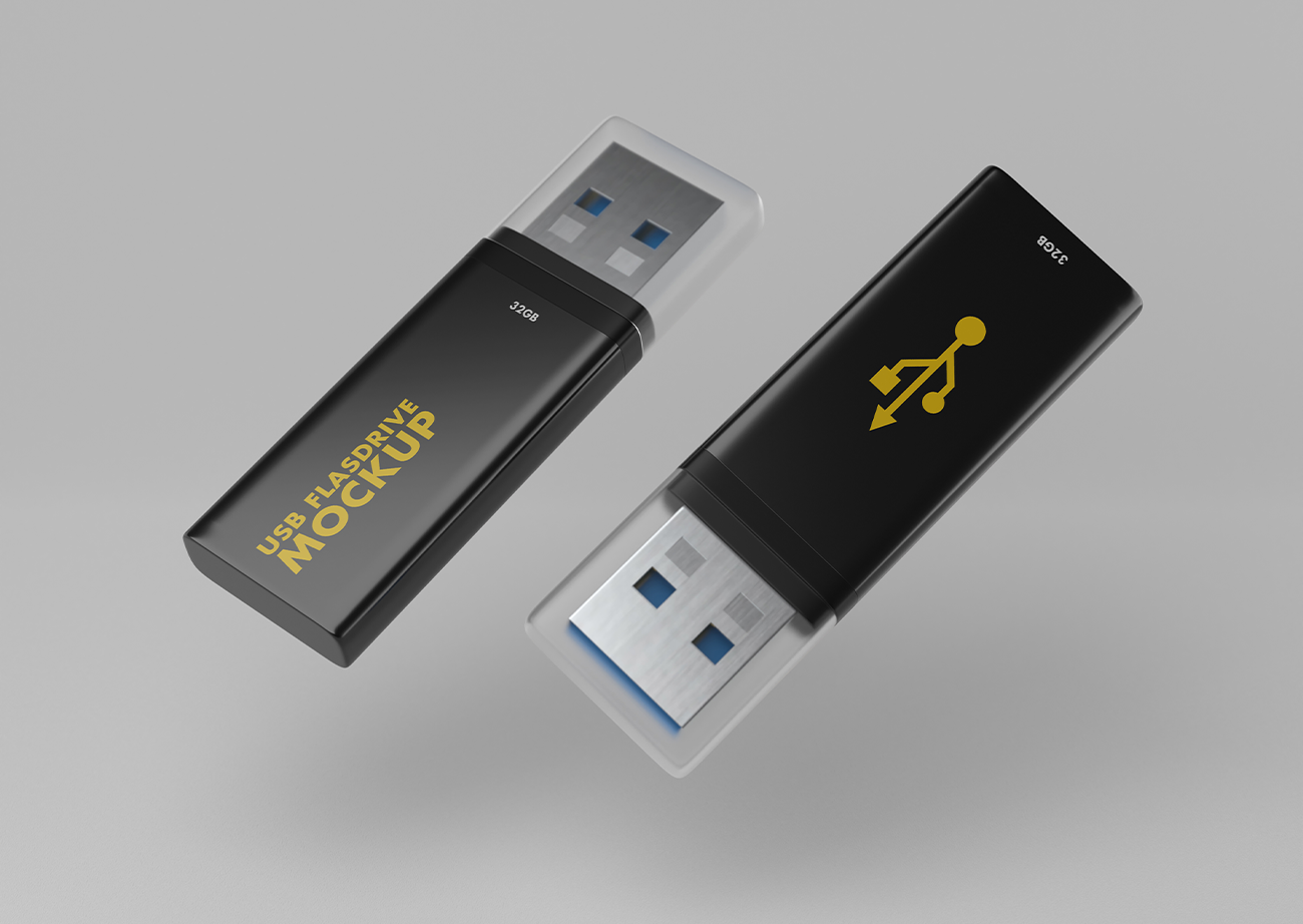 Mockup bộ đôi thẻ nhớ dữ liệu USB màu đen PSD