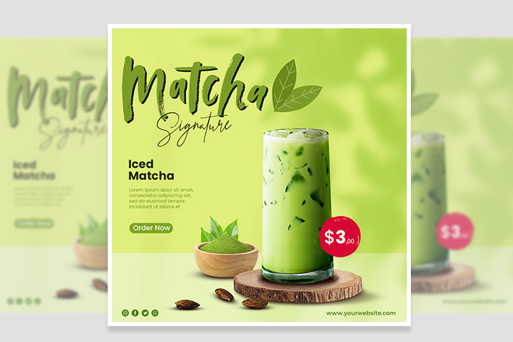 Banner menu quảng cáo đồ uống matcha đá lạnh, bột matcha