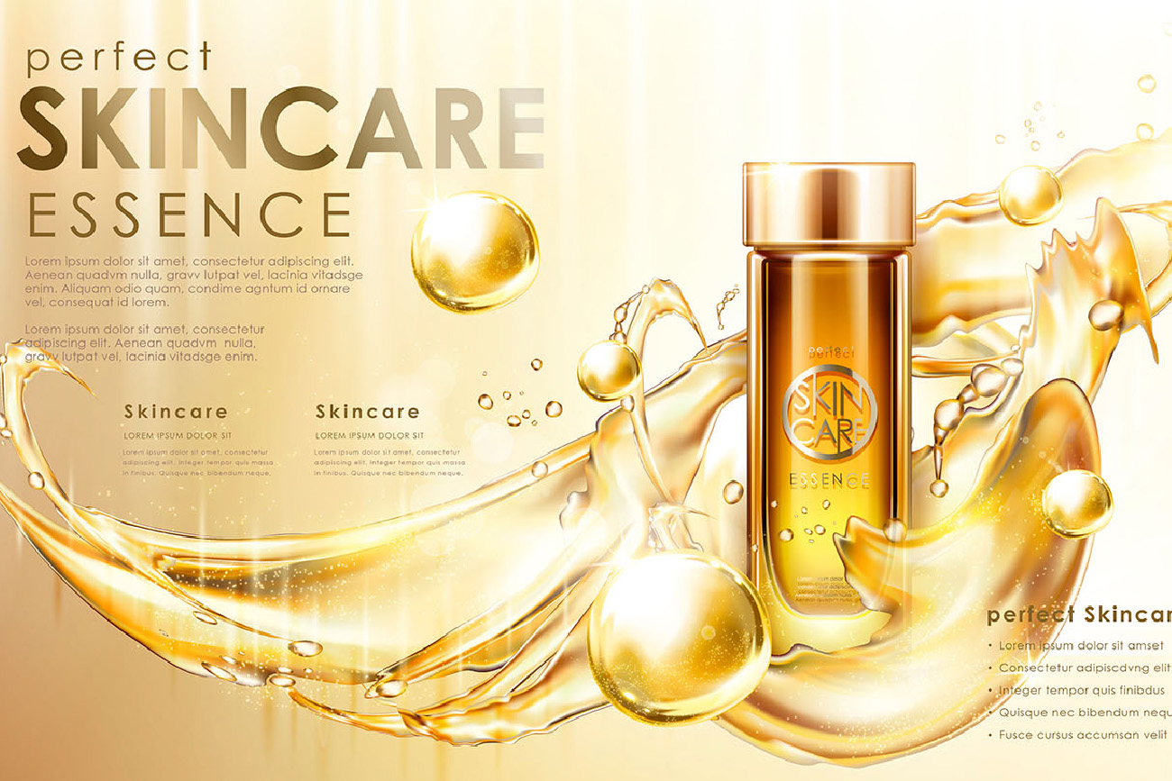 Banner quảng cáo mỹ phẩm skincare cao cấp, màu vàng gold , dòng nước màu vàng