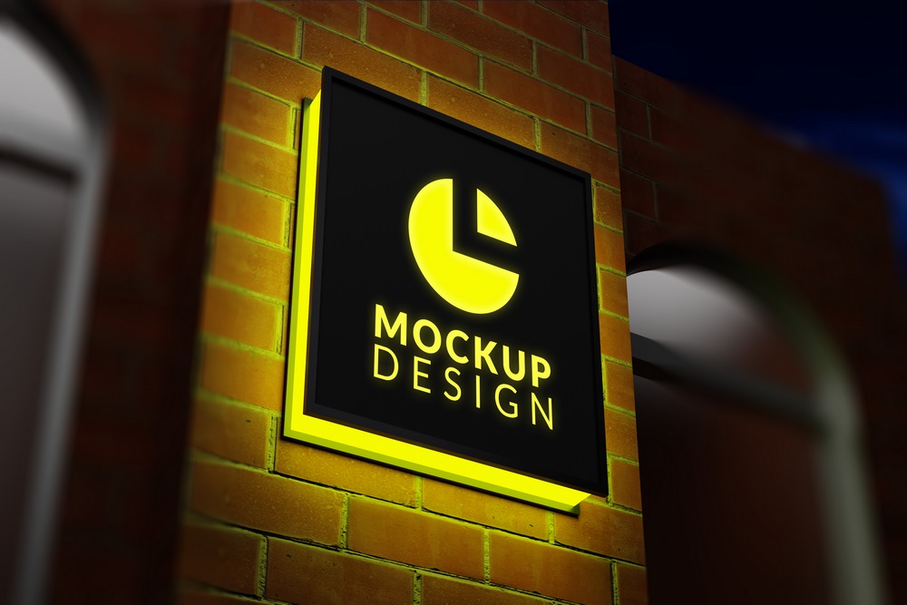 Mockup biển hiệu công ty, biển quảng cáo logo treo tường PSD