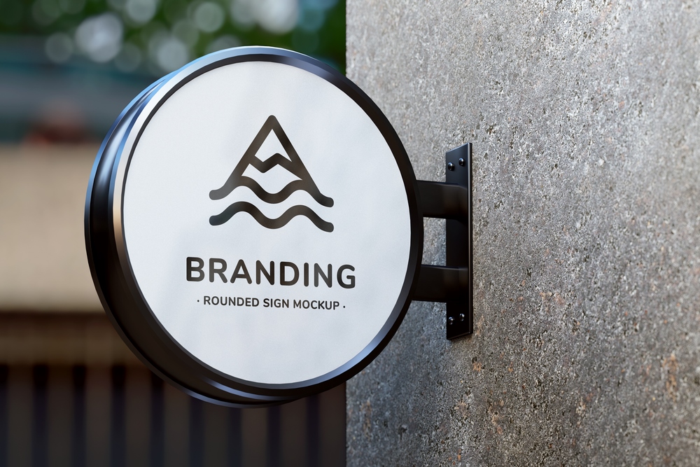 Mockup biển hiệu công ty, biển quảng cáo logo treo tường PSD