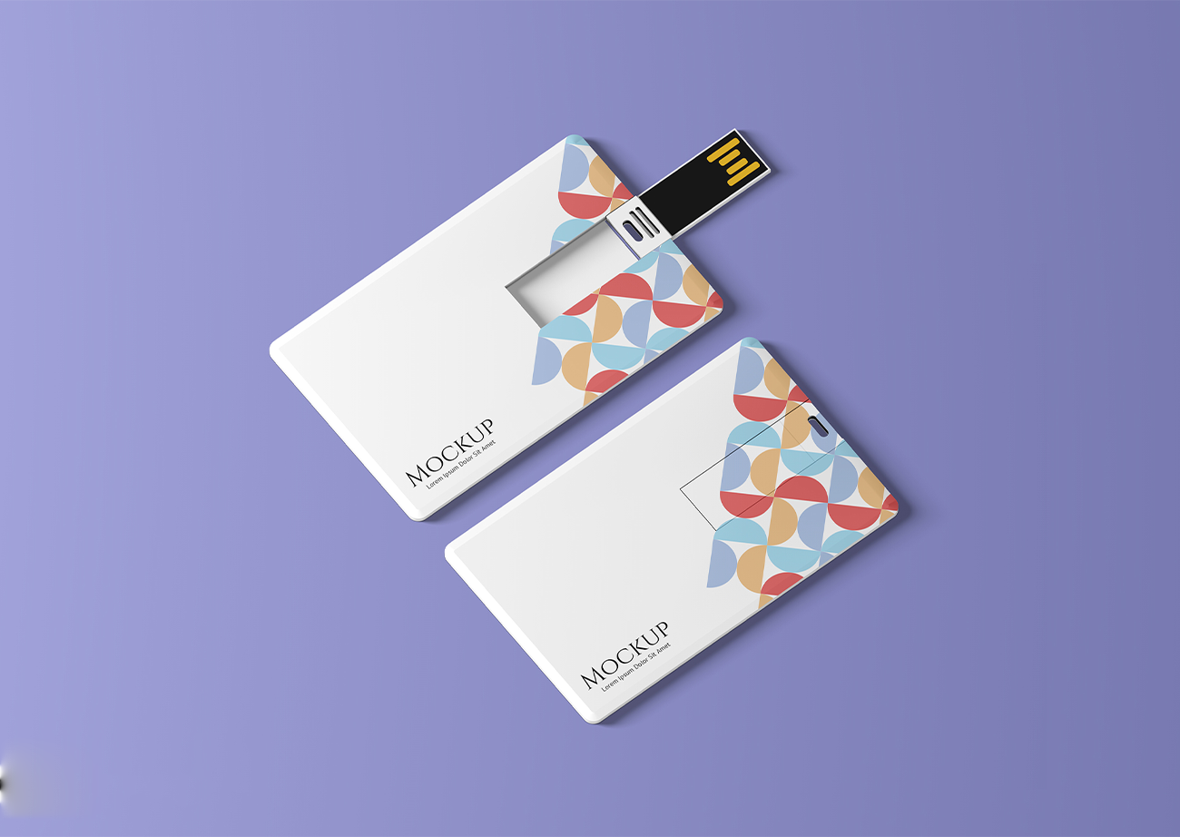 Mockup thẻ nhớ lưu dữ liệu USB màu đen nền tím PSD