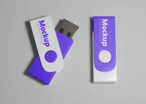 Mockup bộ đôi thẻ nhớ lưu dữ liệu USB trắng, tím PSD