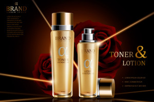 Banner quảng cáo bộ đôi mỹ phẩm cao cấp nước hoa hồng tone và lotion