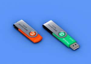 Mockup  thẻ nhớ dữ liệu USB màu xanh lá cây, cam nền tím PSD