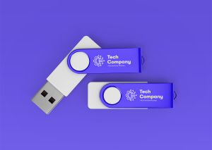 Mockup thẻ nhớ dữ liệu USB màu trắng xanh dương PSD