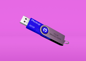 Mockup thẻ nhớ dữ liệu USB màu xanh nền tím PSD