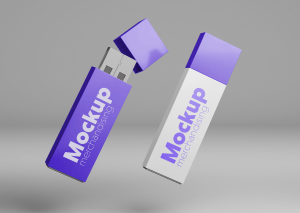 Mockup bộ đôi thẻ nhớ lưu dữ liệu USB trắng, tím PSD