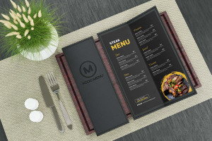 Mockup phối cảnh menu nhà hàng sang trọng file PSD