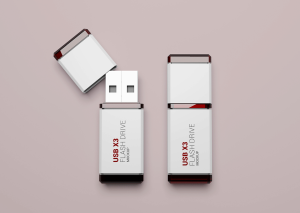 Mockup thẻ nhớ dữ liệu USB màu trắng đỏ PSD