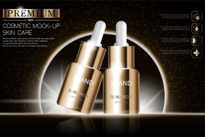 File mockup serum mỹ phẩm chăm sóc da cao cấp, màu vàng gold, hiệu ứng ánh sáng lấp lánh